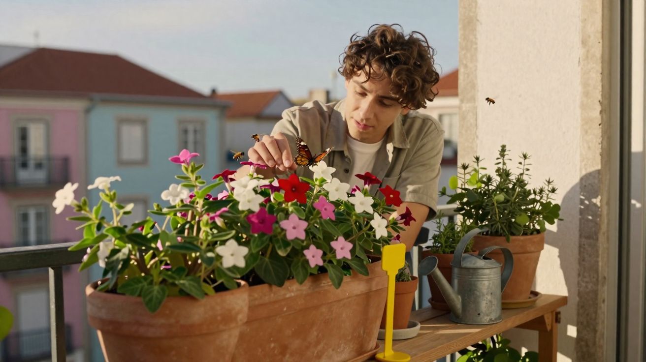 Jovem cuida de flores coloridas em vasos no parapeito de uma varanda ensolarada.