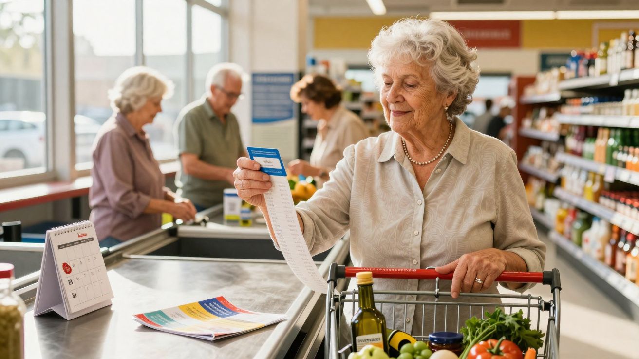 Mulher idosa conferindo o recibo no caixa do supermercado com carrinho cheio de compras frescas.