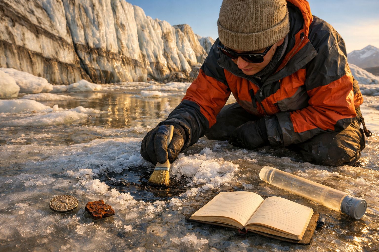 Pesquisador coleta amostras de gelo com pincel em ambiente gelado e montanhoso ao entardecer.