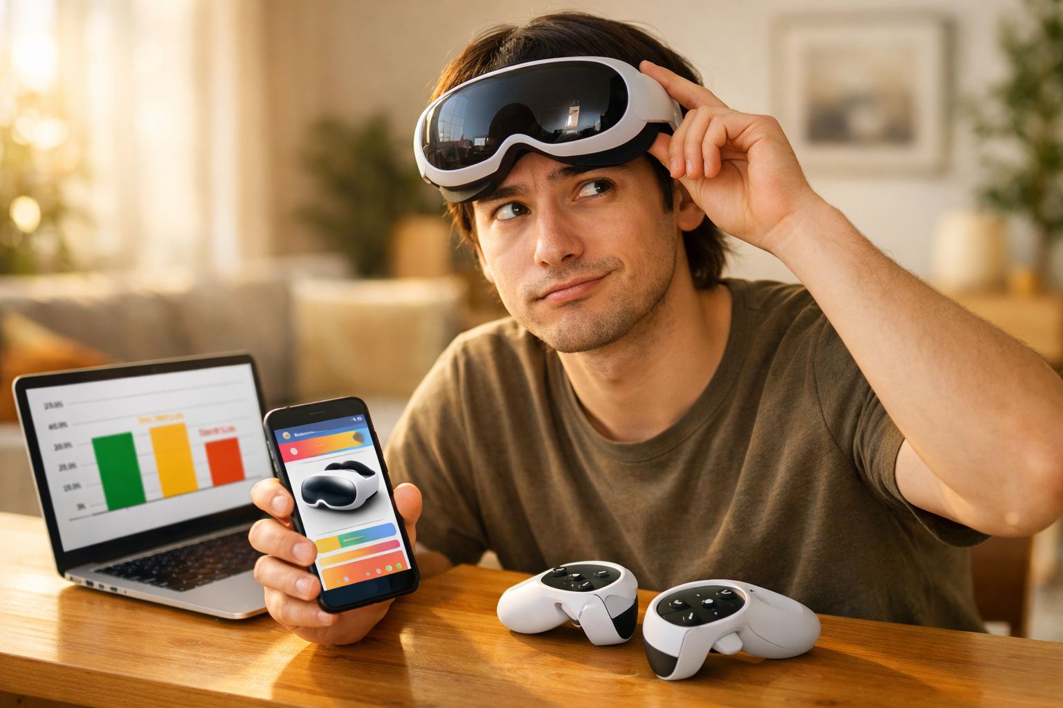 Homem usando óculos de realidade virtual, segurando celular com app aberto e laptop com gráfico na mesa.