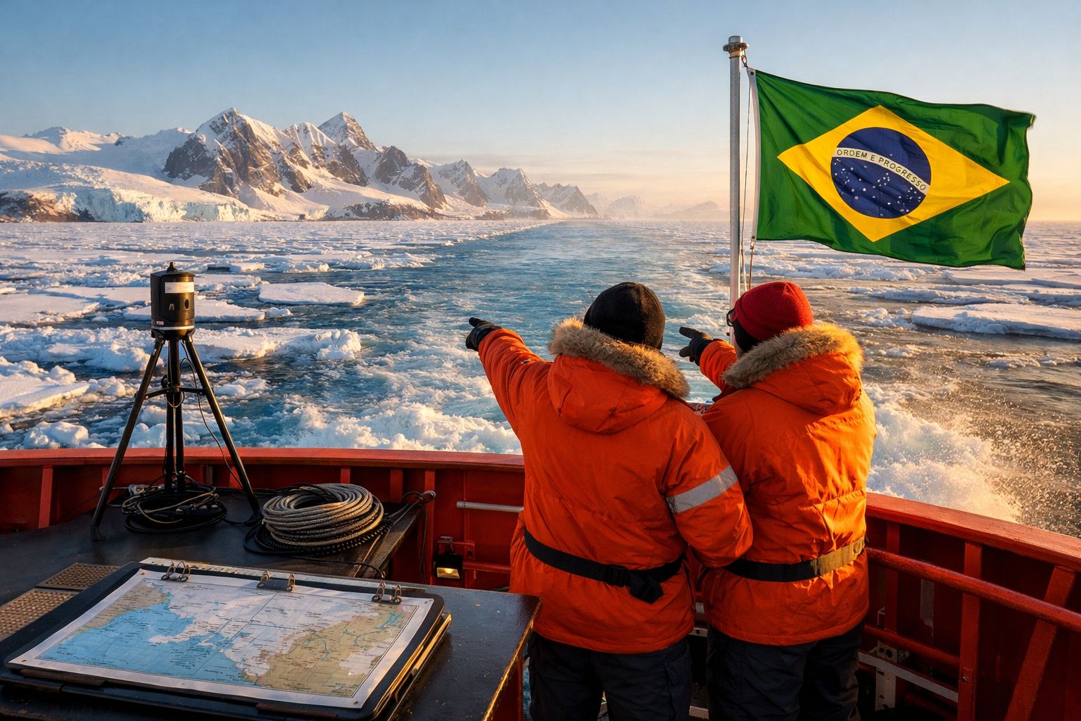 Duas pessoas com jaquetas laranjas apontam para a distância em barco com bandeira do Brasil em águas geladas.