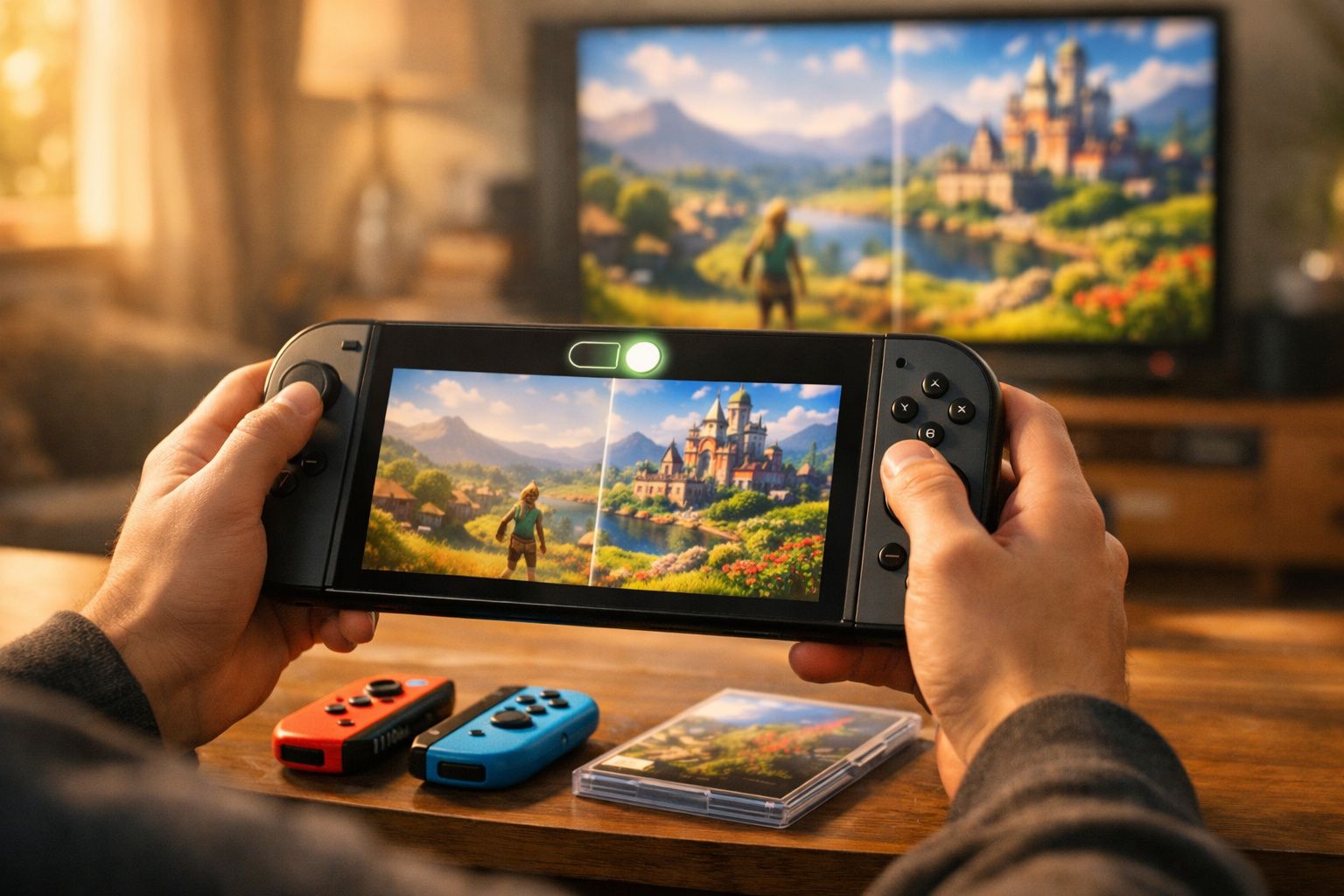 Pessoa segurando console portátil com jogo de aventura exibido, com TV e controles ao fundo.