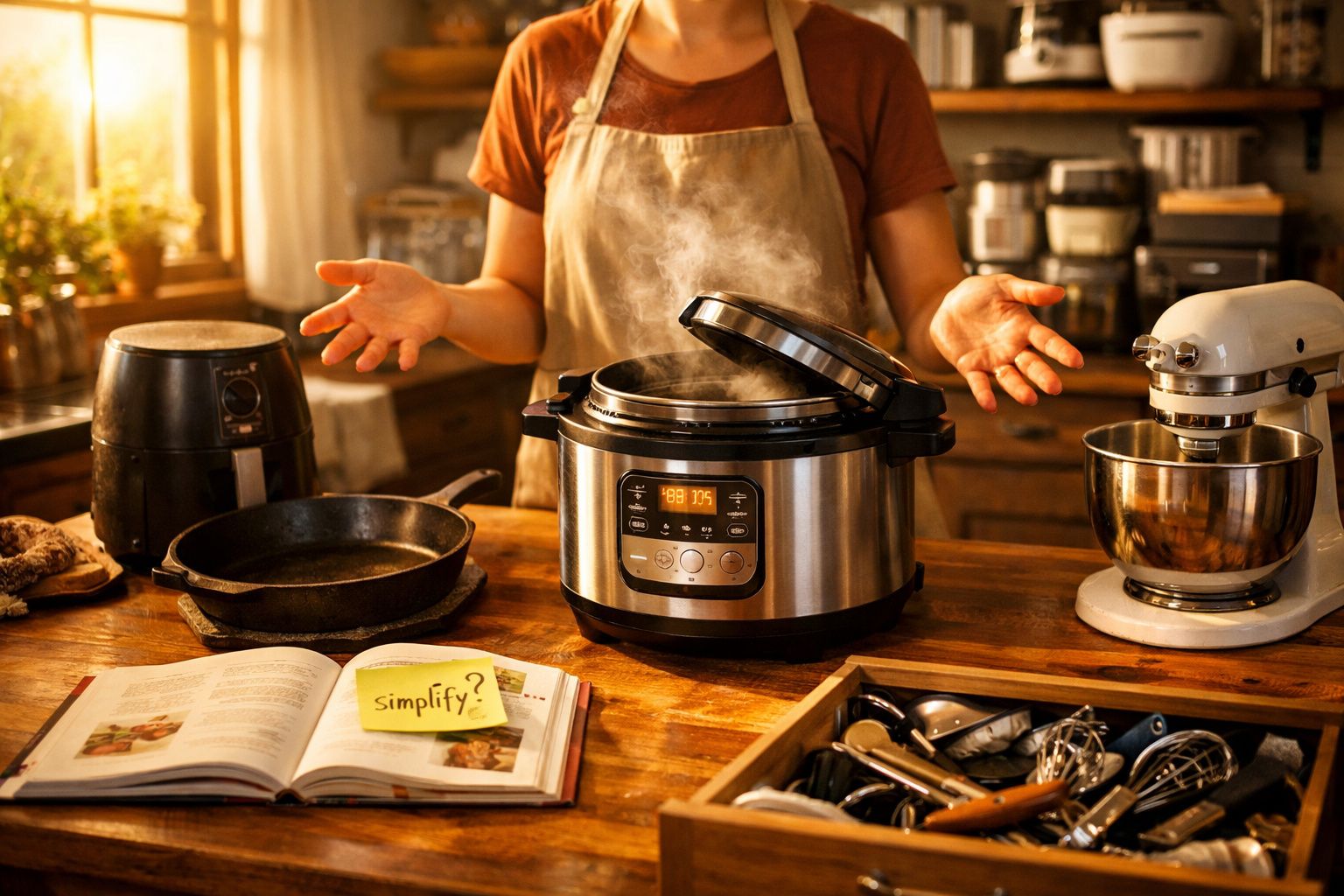 Pessoa cozinhando com panela elétrica em cozinha, com livro de receitas aberto e utensílios ao redor.