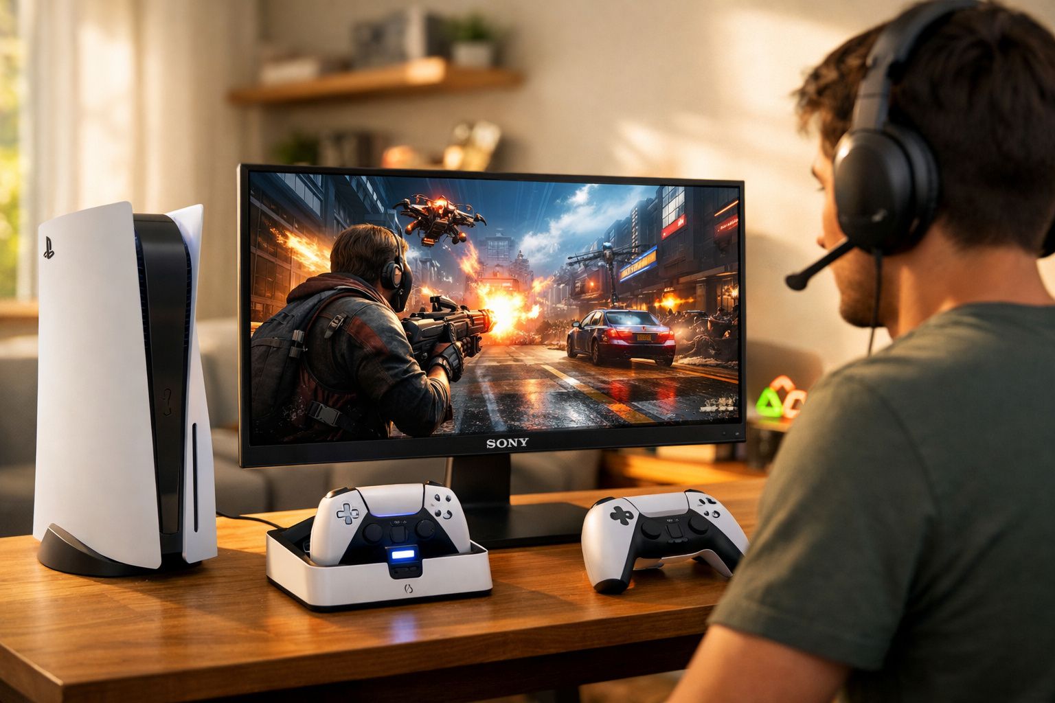 Pessoa jogando videogame de tiro em primeira pessoa em monitor Sony com Playstation 5 ao lado.