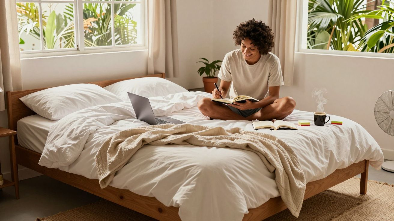 Pessoa sentada na cama com notebook, caderno e caneca em quarto iluminado com plantas ao fundo.