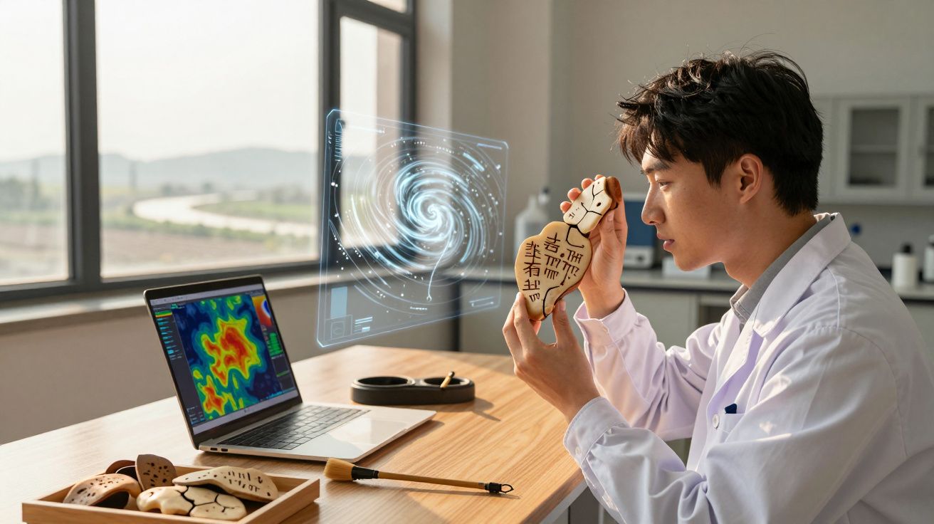 Pesquisador estudando fragmentos de ossos com símbolos antigos e gráficos holográficos na tela do computador.