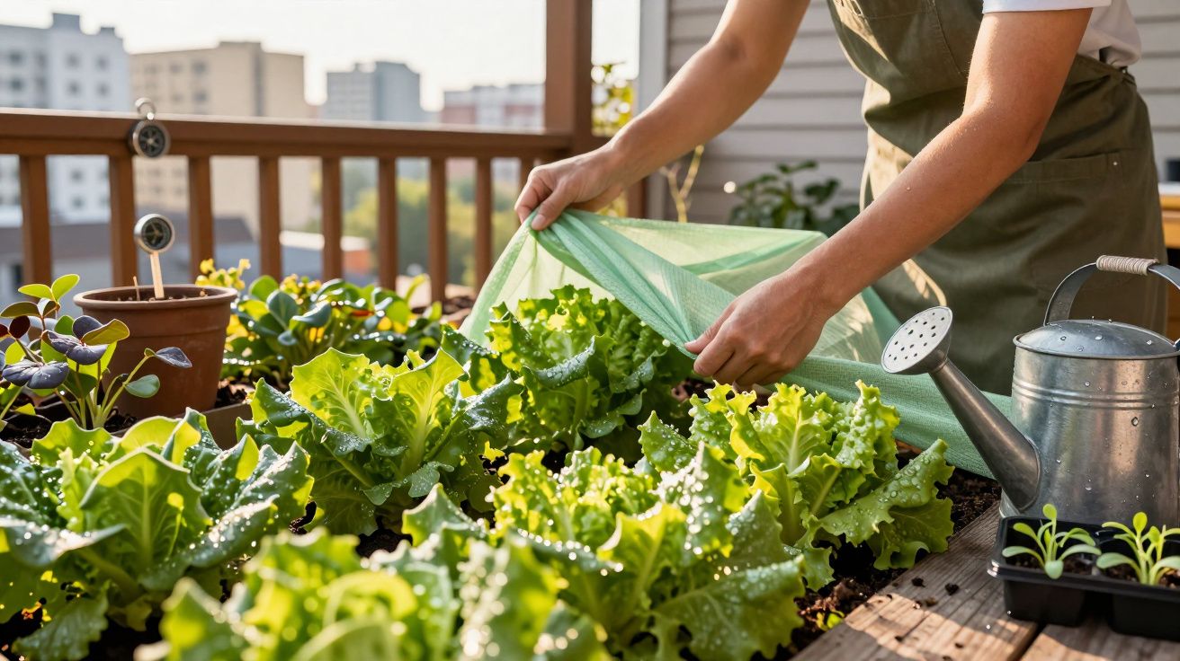 Pessoa protegendo alface em horta urbana com regador e mudas ao redor em varanda ensolarada.