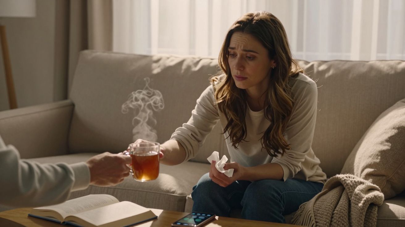 Mulher triste recebendo uma xícara de chá quente enquanto segura um papel, sentada em um sofá.