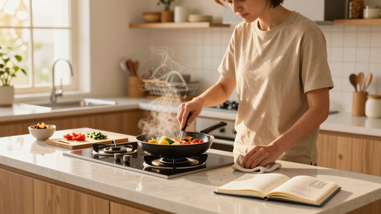 Pessoa cozinhando legumes em frigideira na cozinha moderna com livro de receitas aberto na bancada.