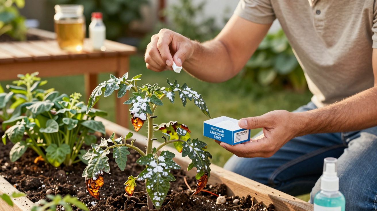 Pessoa aplicando tratamento químico em planta com folhas danificadas em horta caseira.