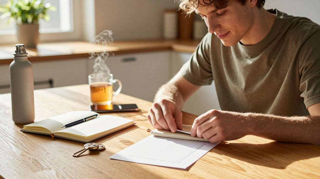 Homem enrolando papel em mesa de madeira com caderno, chave, garrafa e chá quente ao fundo.
