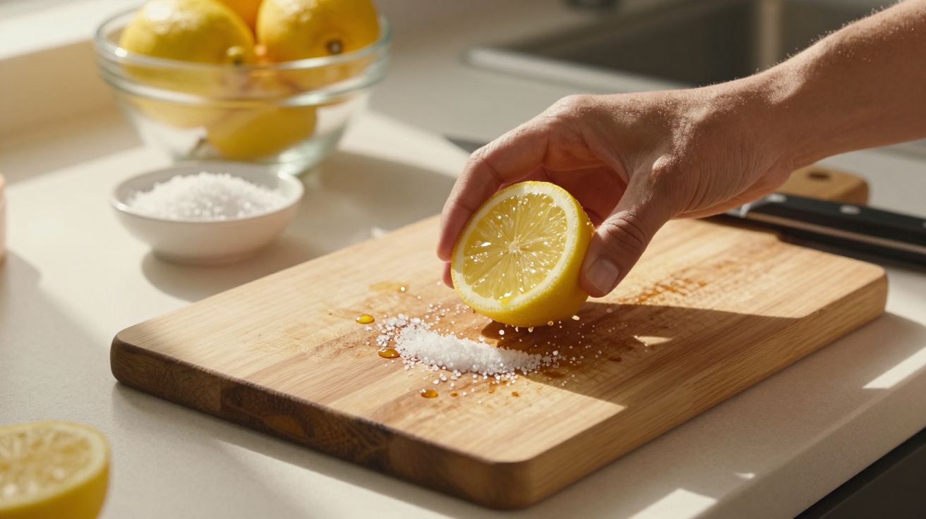 Mão espremendo meio limão sobre tábua de madeira com sal, tigela com limões ao fundo na cozinha.