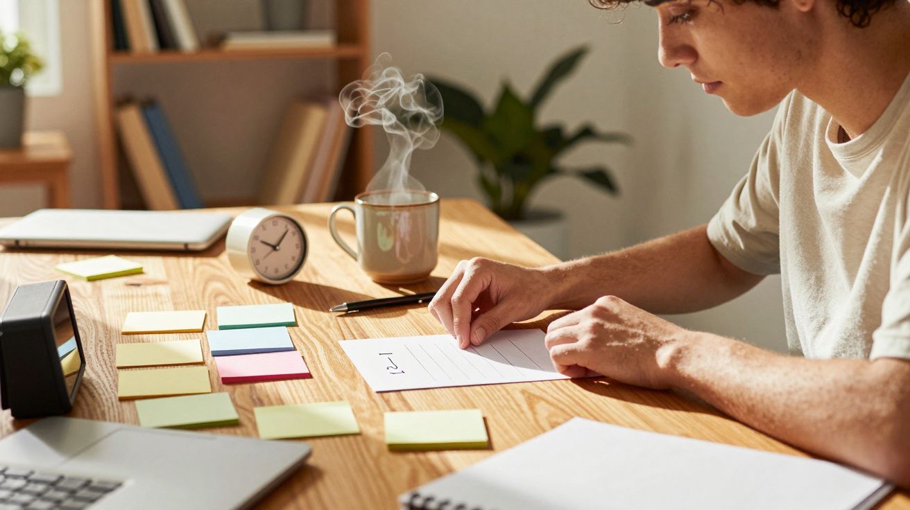 Pessoa escrevendo carta em mesa de madeira com post-its, despertador e xícara com vapor.