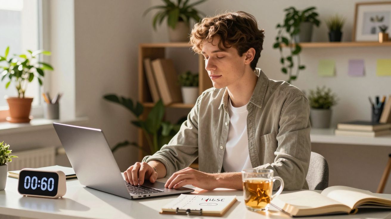 Jovem concentrado trabalhando no laptop em mesa com chá, caderno, relógio digital e ambiente com plantas.