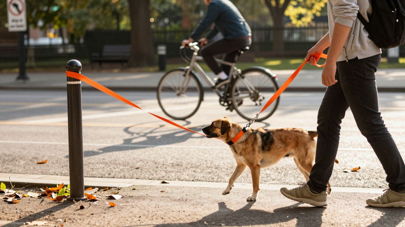 Pessoa caminhando com cachorro preso em poste por coleira laranja em calçada urbana ensolarada.