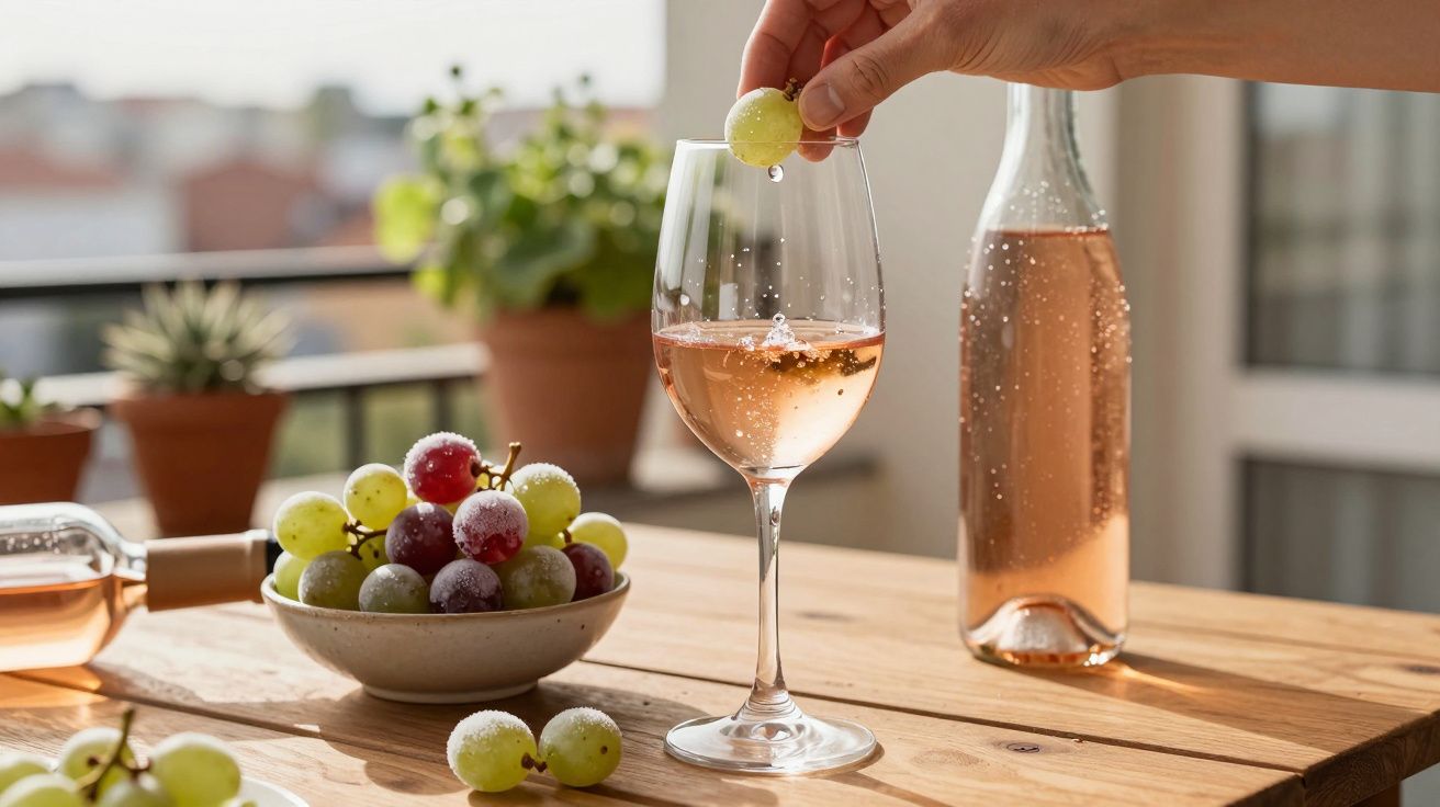 Mão colocando uva verde em taça de vinho rosé com jarra e cacho de uvas ao fundo em mesa de madeira.