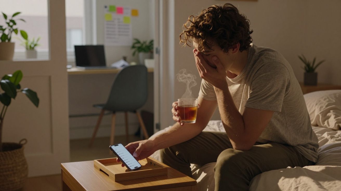 Jovem sentado na cama, com expressão cansada, segurando chá quente e olhando para celular.