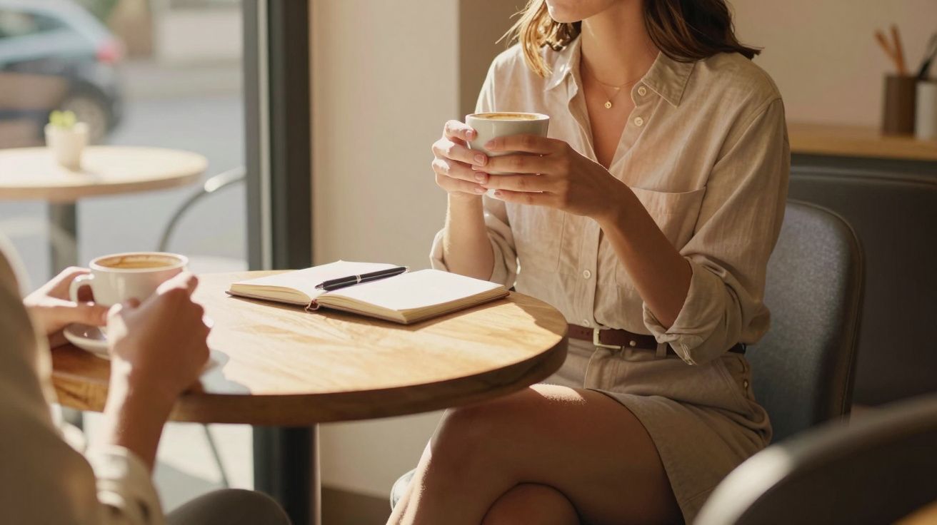 Duas pessoas sentadas em mesa de café com xícaras, caderno aberto e caneta em ambiente iluminado natural.