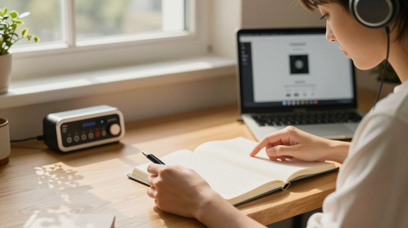 Pessoa usando fone de ouvido lendo e escrevendo em caderno com laptop aberto em mesa próxima à janela.