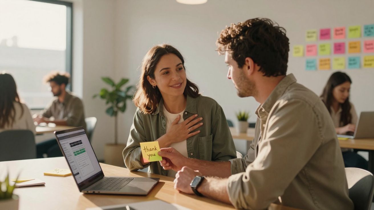 Colegas de trabalho trocando agradecimento com bilhete "thank you" em escritório moderno.