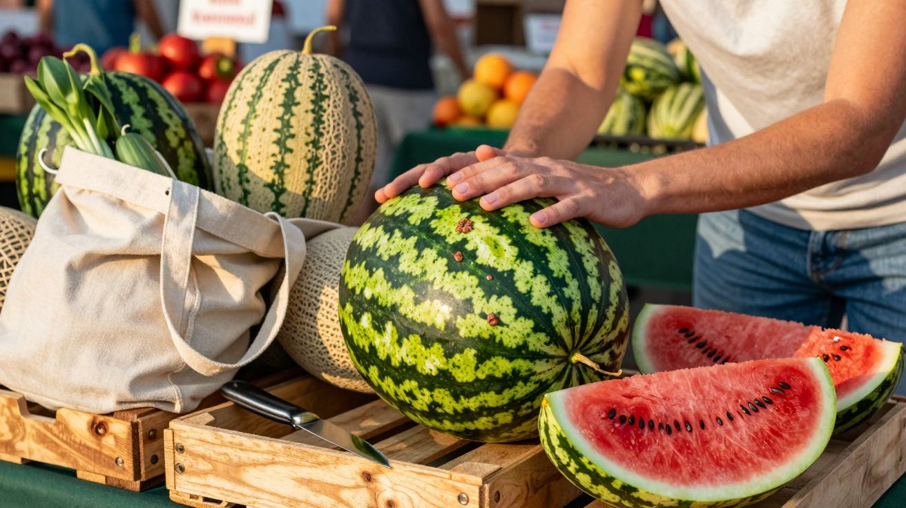 Pessoa segurando melancia em banca de frutas com melancias cortadas e outros produtos à venda.