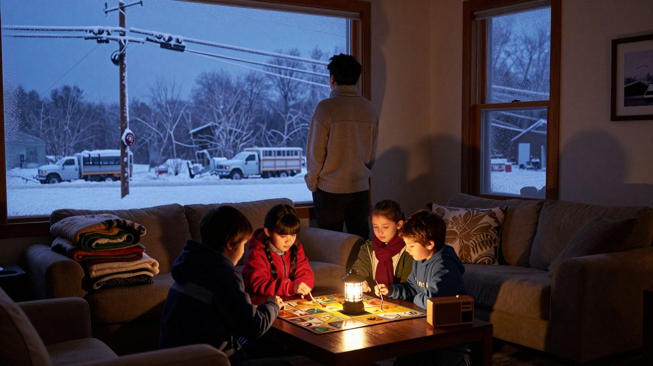 Família reunida jogando jogo de tabuleiro à luz de uma lanterna em sala com neve vista pela janela.