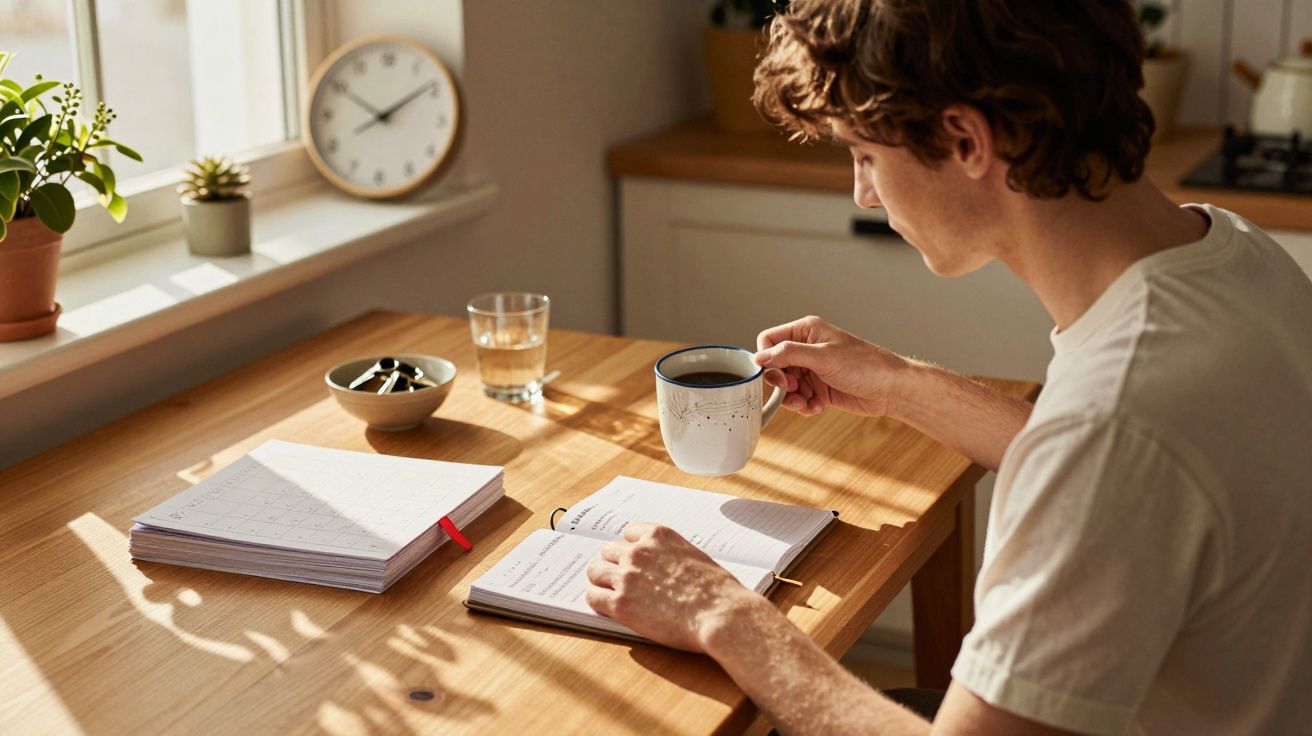 Jovem sentado à mesa lendo e tomando café, com plantas, caderno, copo d’água e relógio ao fundo.