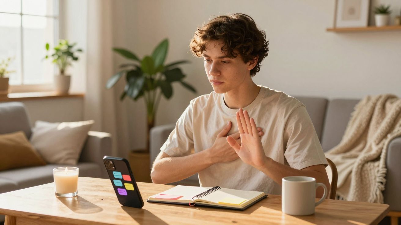 Jovem faz gesto de silêncio em videochamada enquanto estuda em mesa com caderno, vela e caneca.
