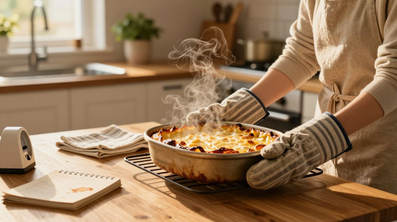 Pessoa com luvas de forno retirando prato quente de lasanha fumegante sobre mesa de madeira em cozinha.