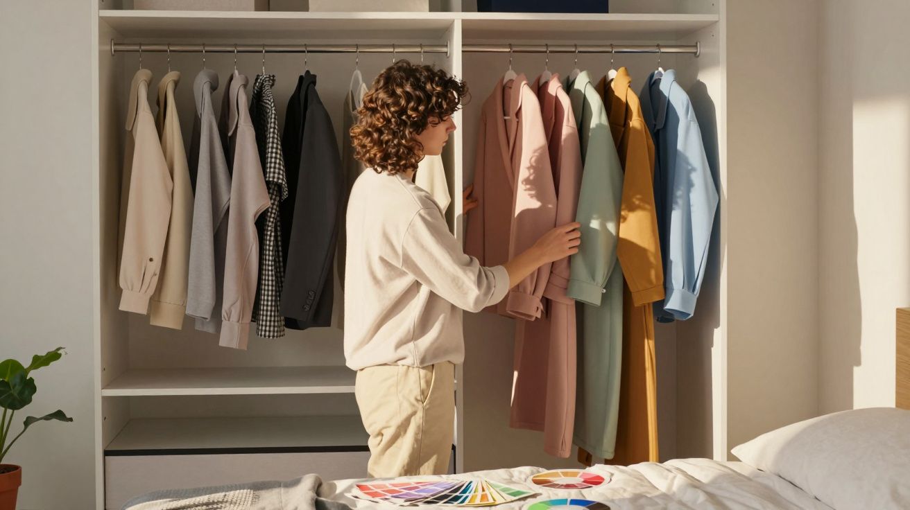 Pessoa escolhendo roupas coloridas em guarda-roupa aberto em quarto iluminado pela luz natural.