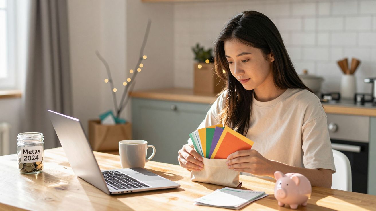 Mulher jovem sentada à mesa, analisando cartão colorido, com cofrinho e pote de moedas "Metas 2024" ao lado.