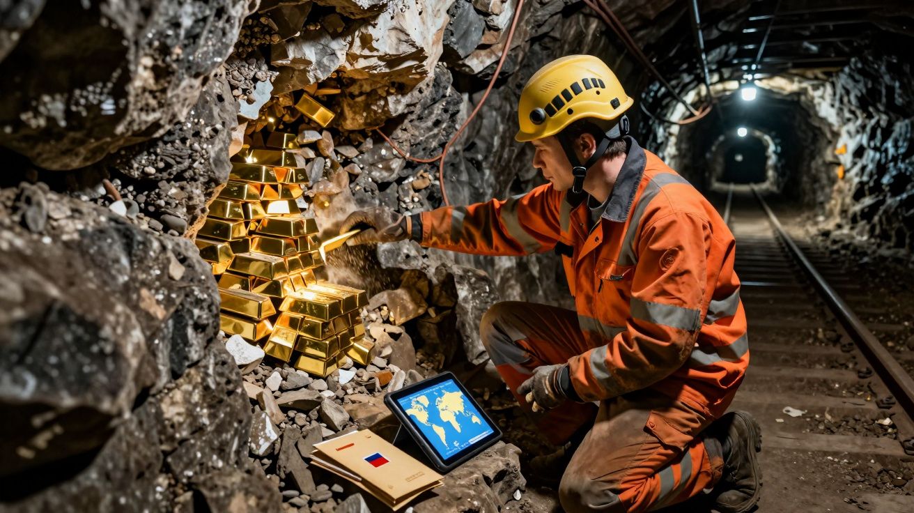 Mineiro em túnel de mina com capacete e roupa laranja coletando barras de ouro empilhadas na parede.