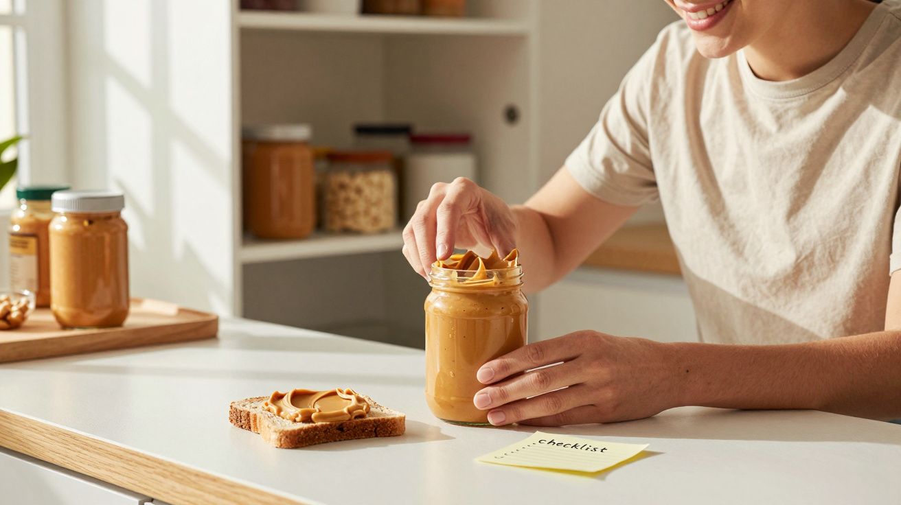 Pessoa usando dedo para pegar pasta de amendoim de pote com torrada ao lado em cozinha clara.