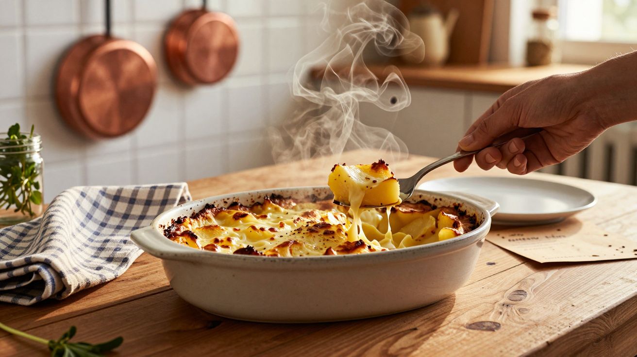Mão pegando porção fumegante de batata gratinada com queijo derretido em travessa branca sobre mesa de madeira.