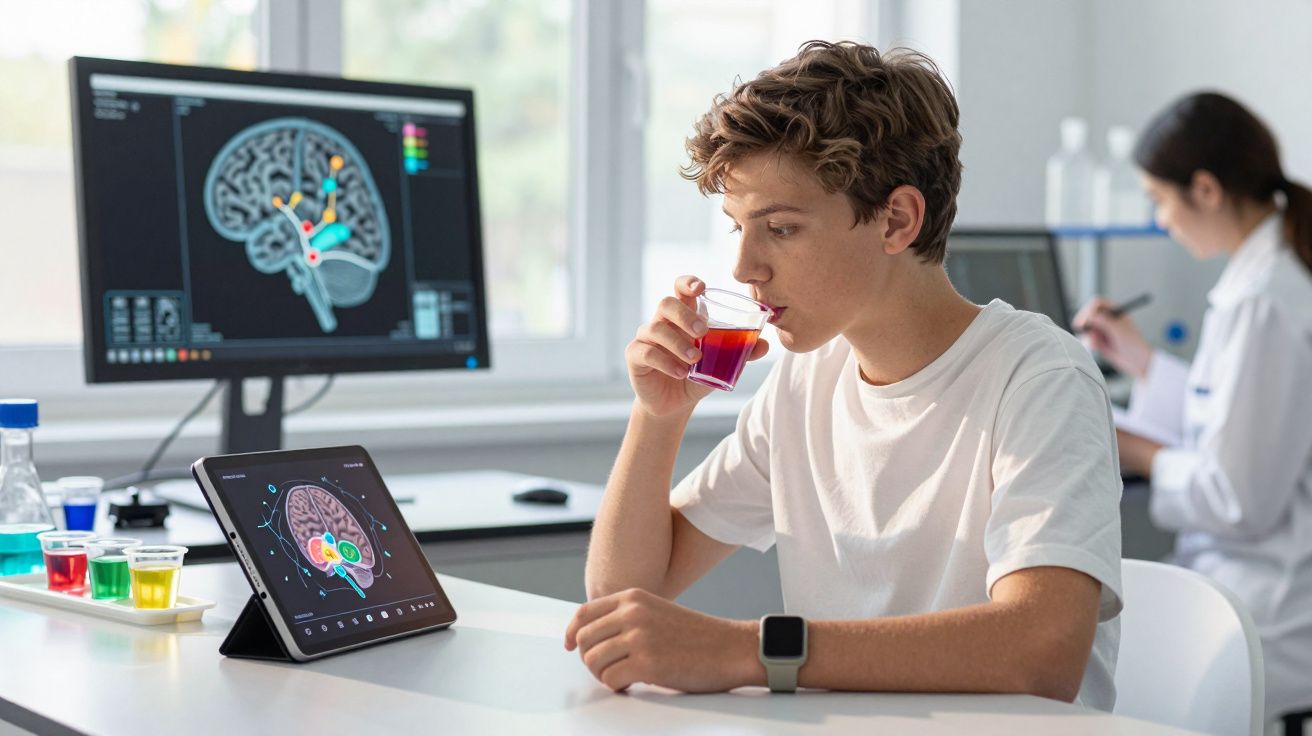 Jovem sentado bebendo líquido vermelho em laboratório com imagens de cérebro em telas à frente.