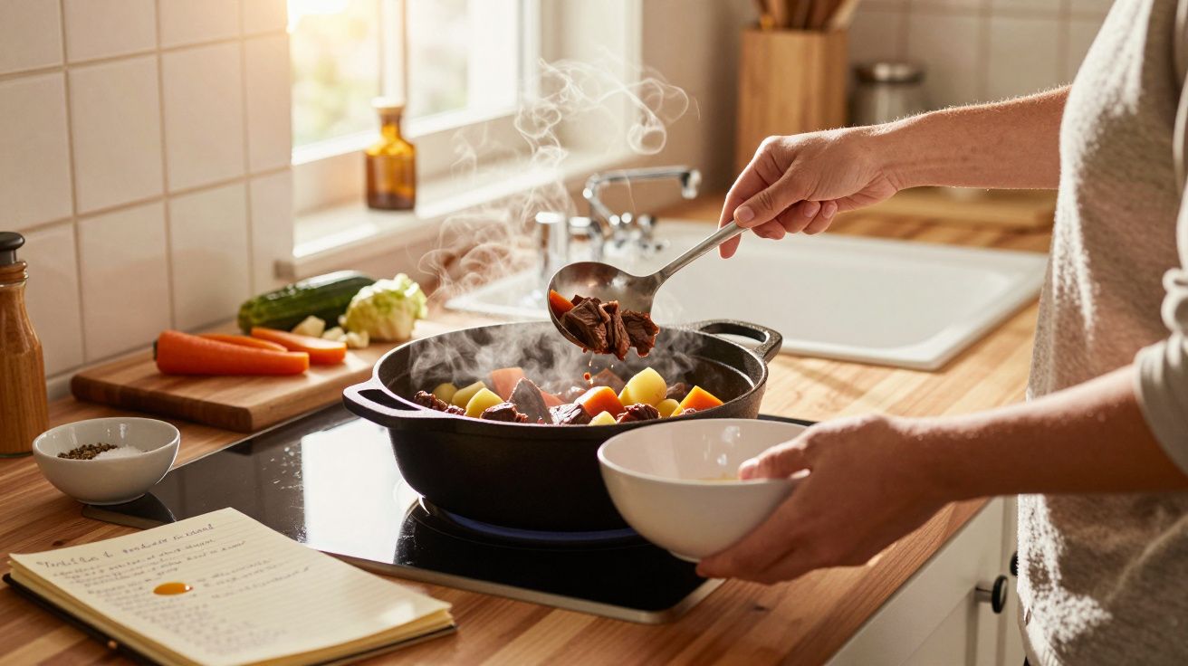 Pessoa servindo ensopado de legumes e carne em tigela na cozinha com receita escrita ao lado.