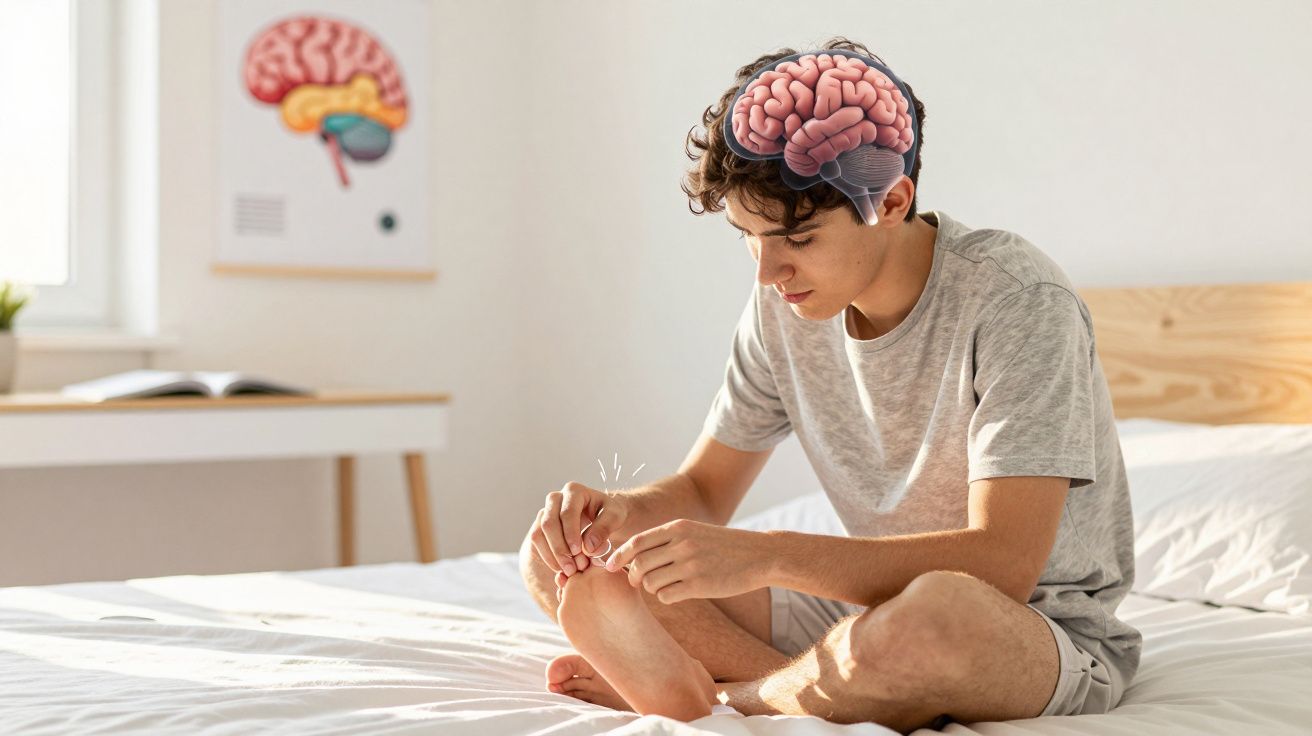 Jovem sentado na cama coçando o pé, com ilustração do cérebro destacada na cabeça, ambiente claro e tranquilo.