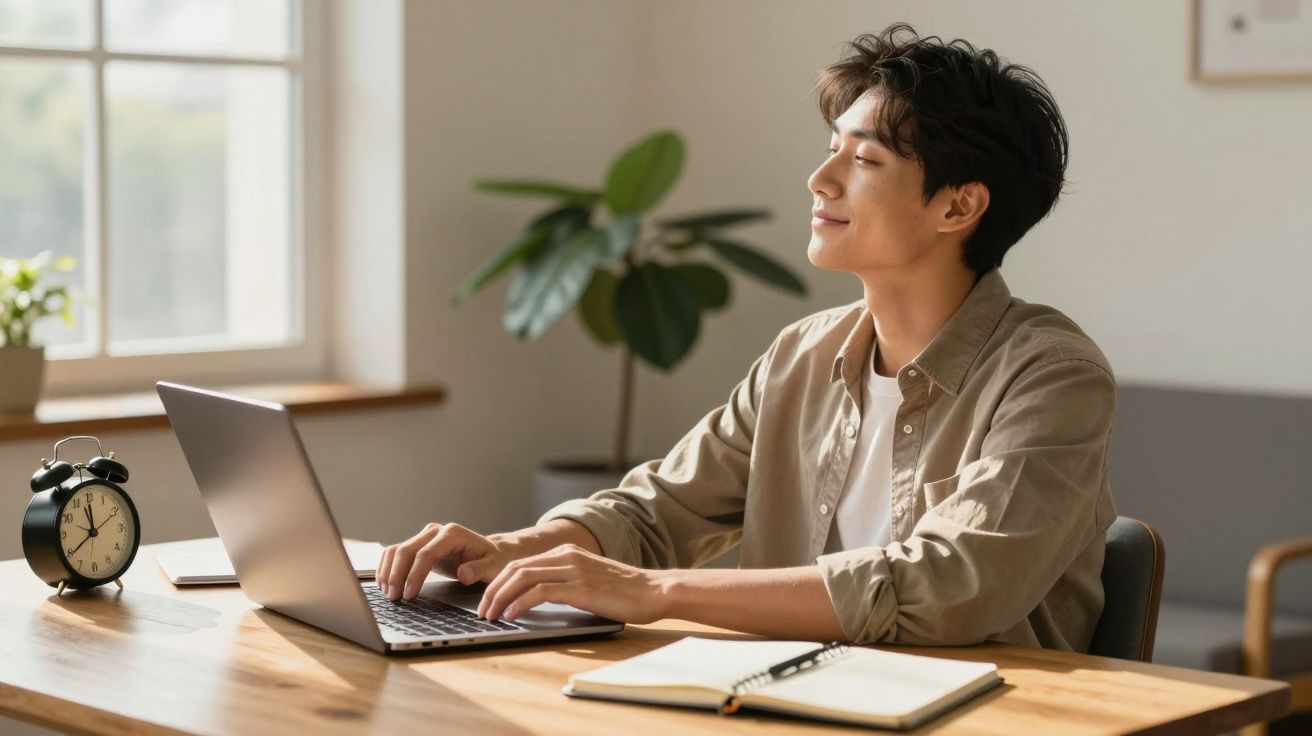 Homem sentado em mesa com laptop, respirando fundo e apreciando momento de pausa no ambiente iluminado.