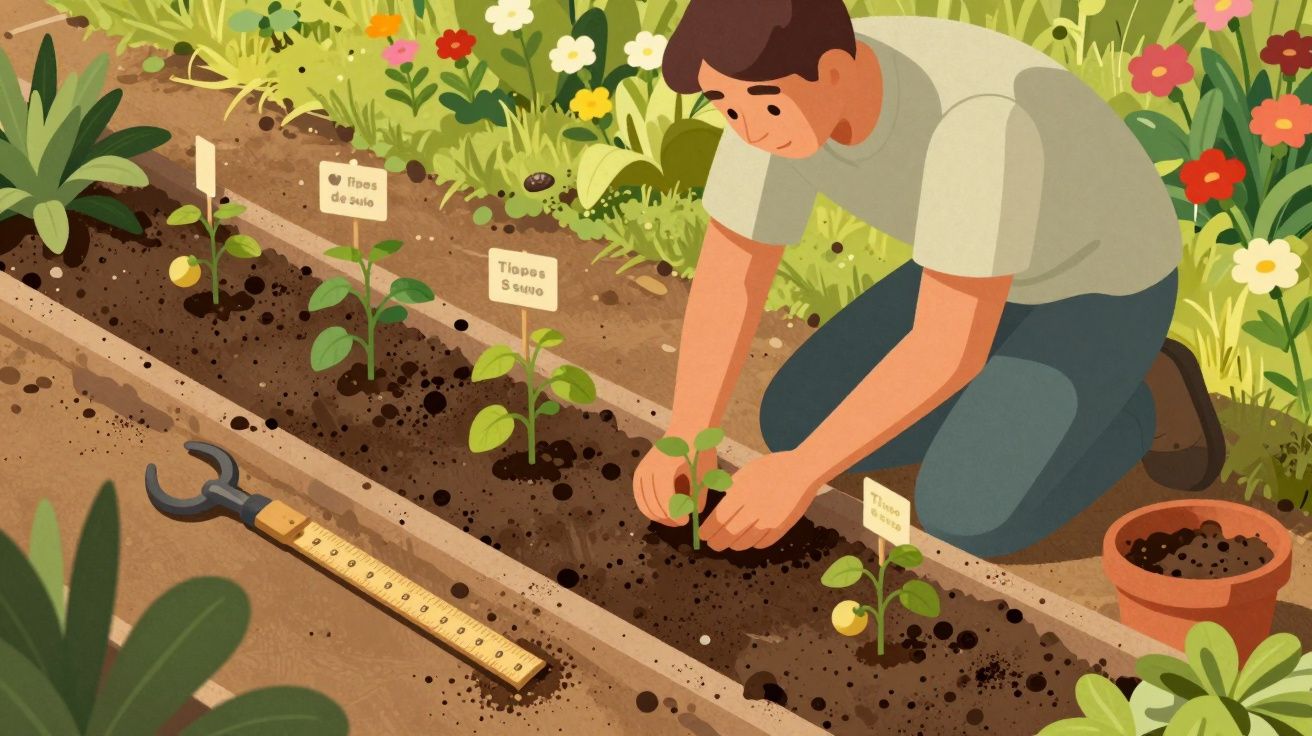 Homem agachado plantando mudas em canteiros floridos com ferramentas ao lado em jardim.