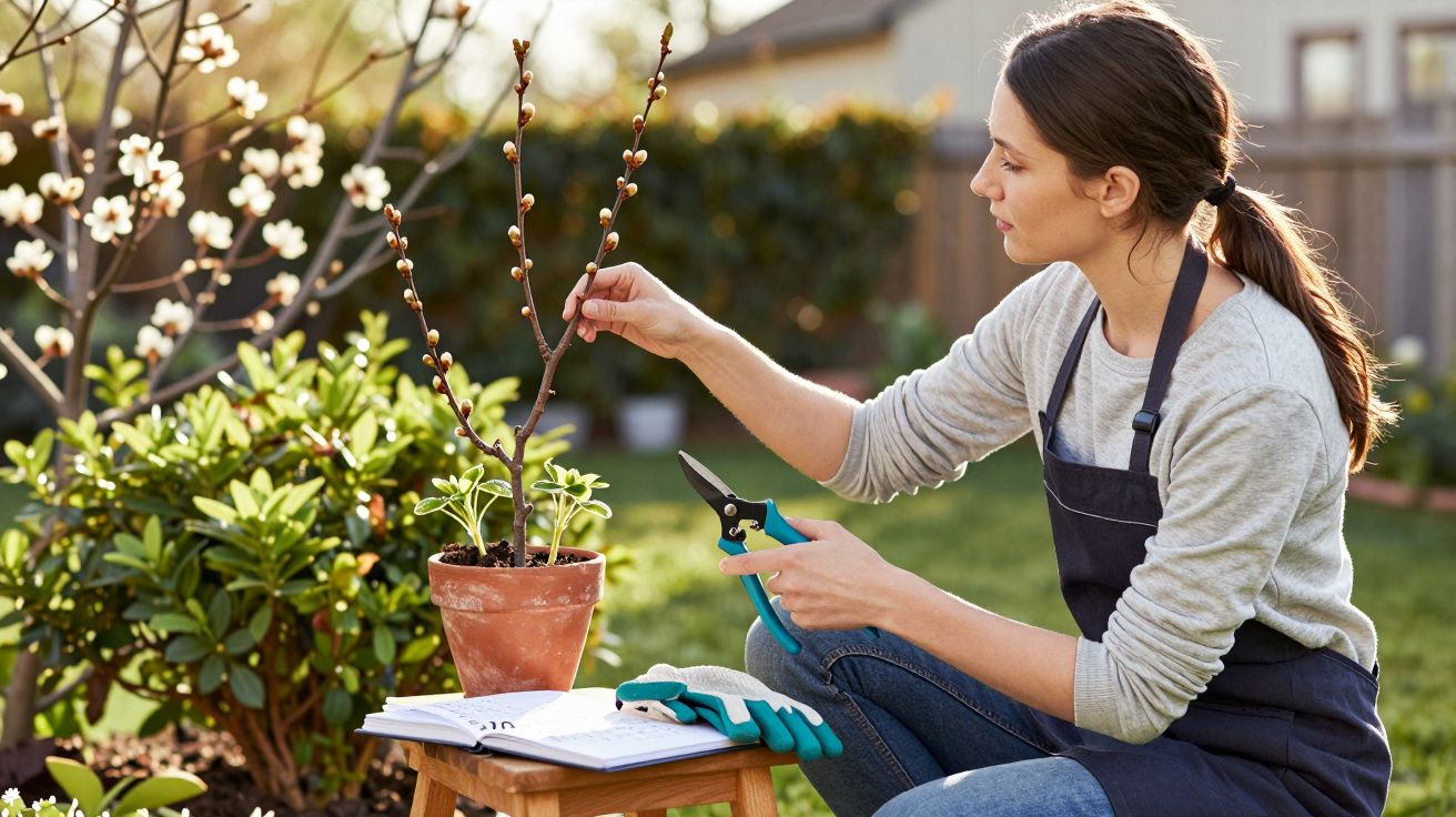 Mulher poda planta em vaso no jardim com tesoura de poda e luvas ao lado, em tarde ensolarada.