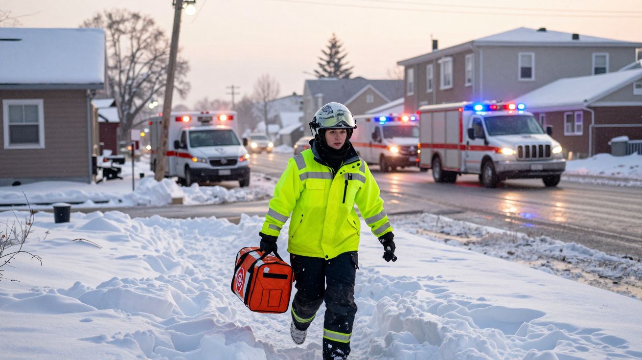 Paramédico vestindo jaqueta amarela caminhando na neve com kit de emergência, com ambulâncias ao fundo.