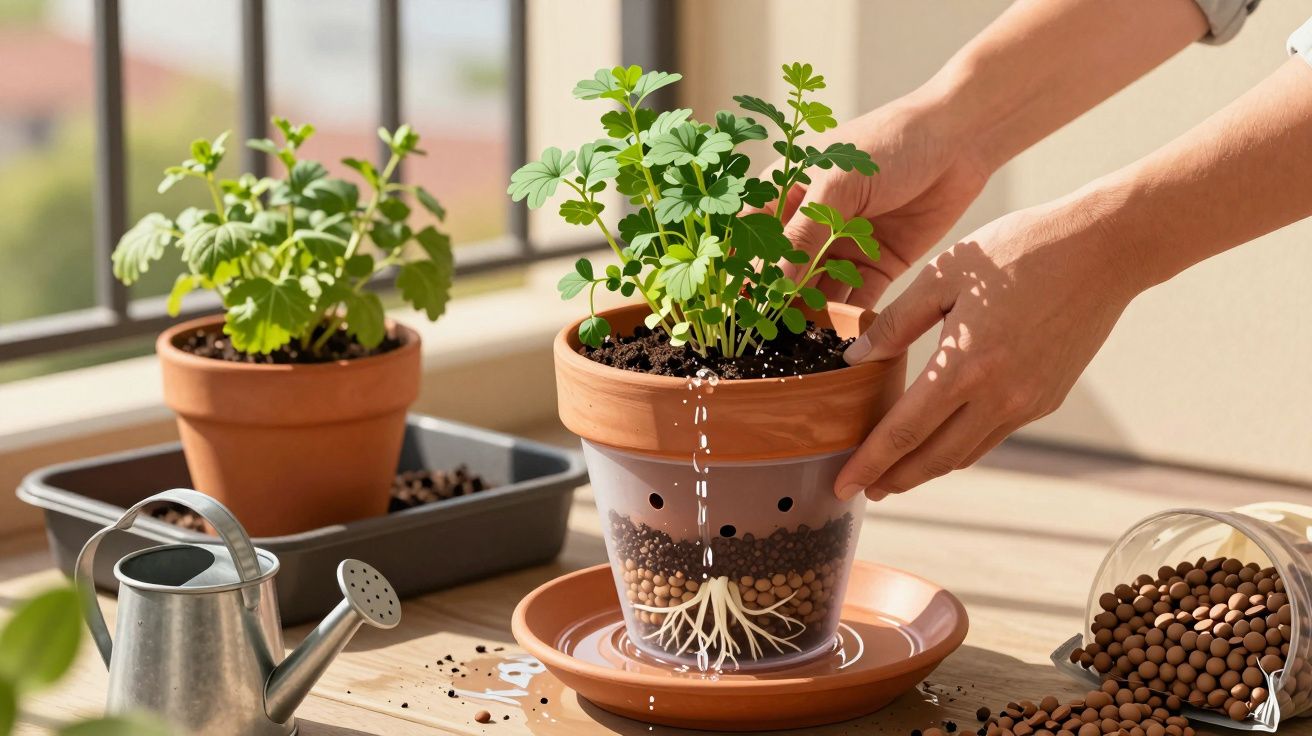 Mãos ajustam vaso autoirrigável com planta e sistema de raízes visível, ao lado de regador e argila expandida.