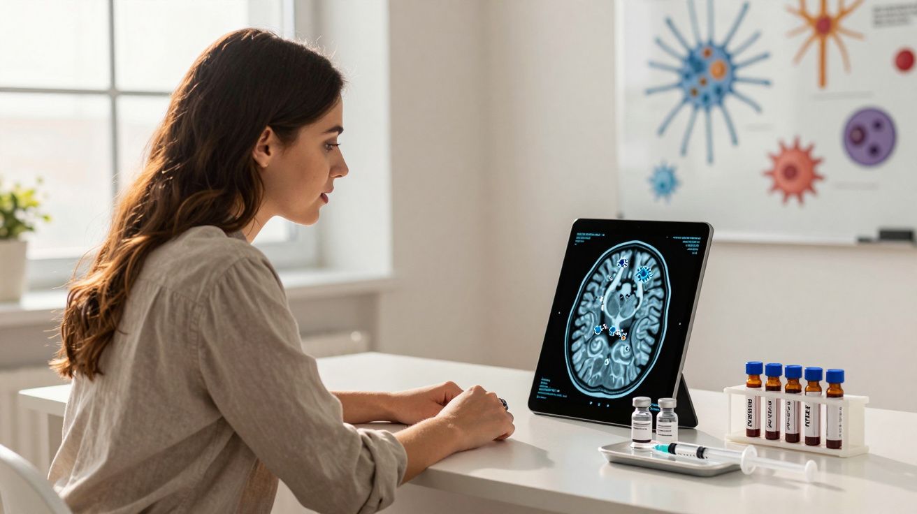 Mulher observando imagem de ressonância magnética cerebral em tela com frascos e seringa na mesa.