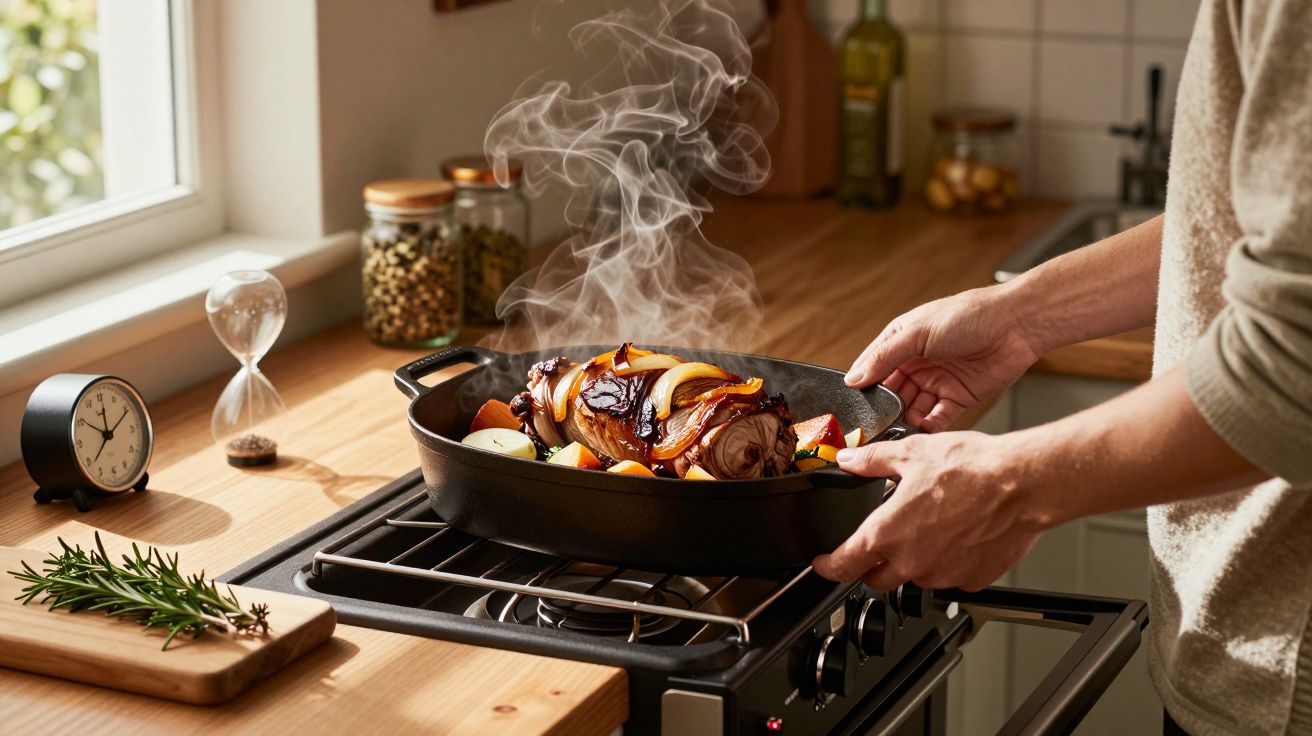 Mãos segurando assadeira com carne assada fumegante no fogão em cozinha com bancada de madeira.