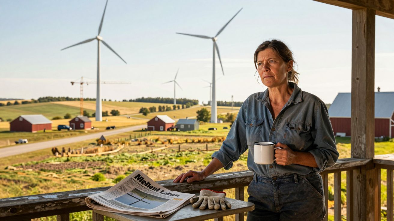 Mulher pensativa segura caneca na varanda de fazenda com moinho de vento ao fundo em dia ensolarado.