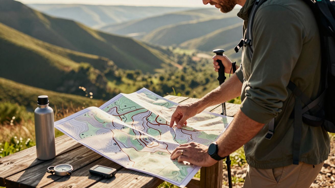 Homem verifica mapa topográfico sobre mesa em trilha de montanha ao ar livre.