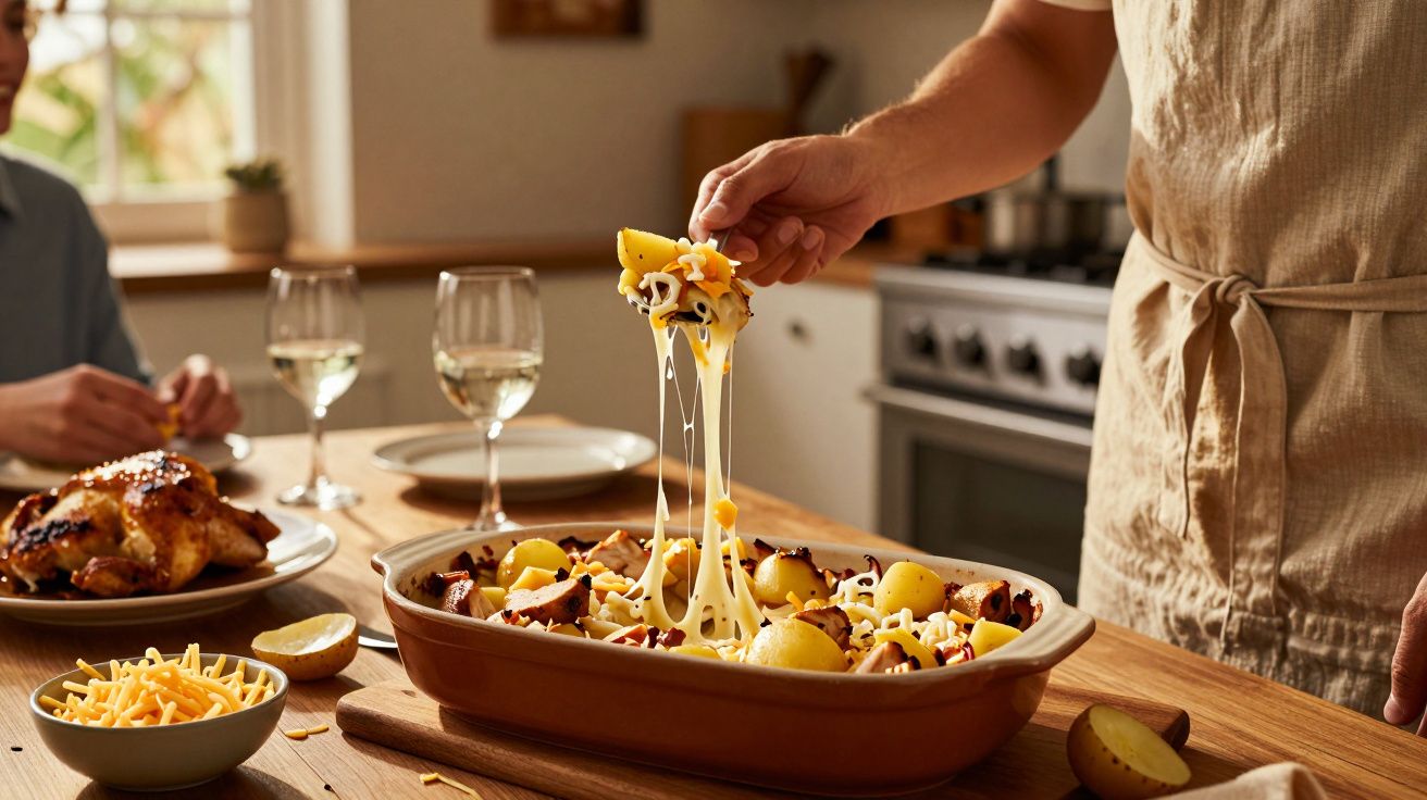 Pessoa servindo batatas com queijo derretido em travessa de cerâmica, ao fundo mesa posta com frango assado e taças.