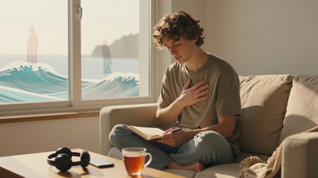 Jovem sentado no sofá lendo e segurando a mão no peito em um ambiente tranquilo e iluminado.