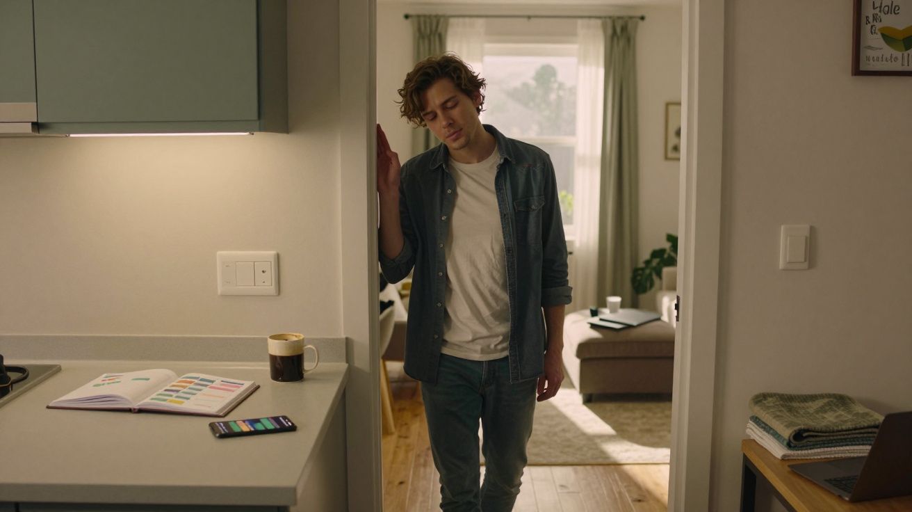 Jovem encostado na parede entre a cozinha e a sala, com expressão cansada ou pensativa.