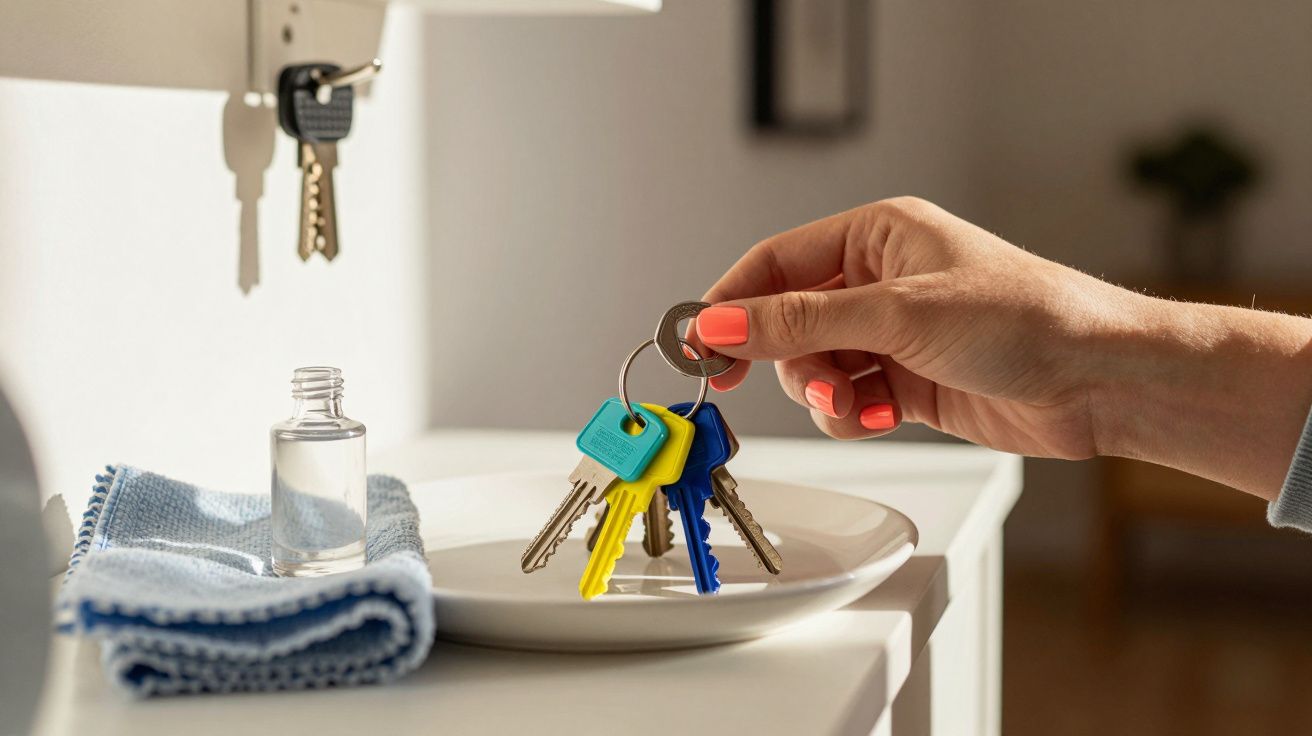 Mão feminina segurando chaveiro com várias chaves coloridas perto de porta com chave na fechadura.
